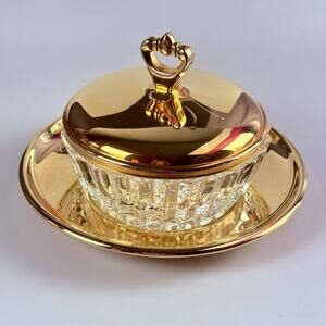 Kromex Glass Butter Dish Bowl With Gold Lid & Underplate Lazy Susan Replacement